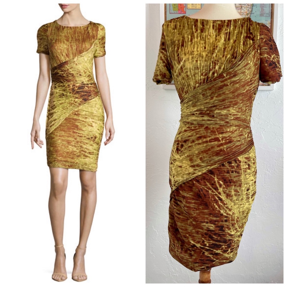Halston Heritage Ruched Paneled Abstract Print Jersey Dress Chartreuse Sz 10